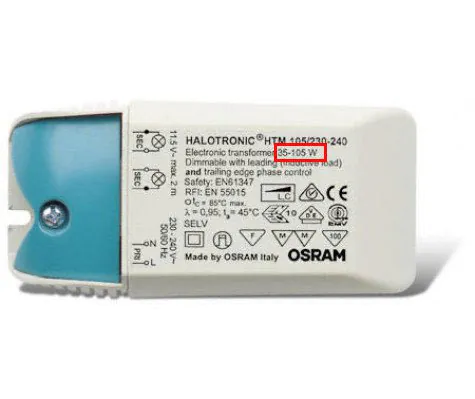 puissance minimale Osram HTM Halotronic sur la plaque signalétique